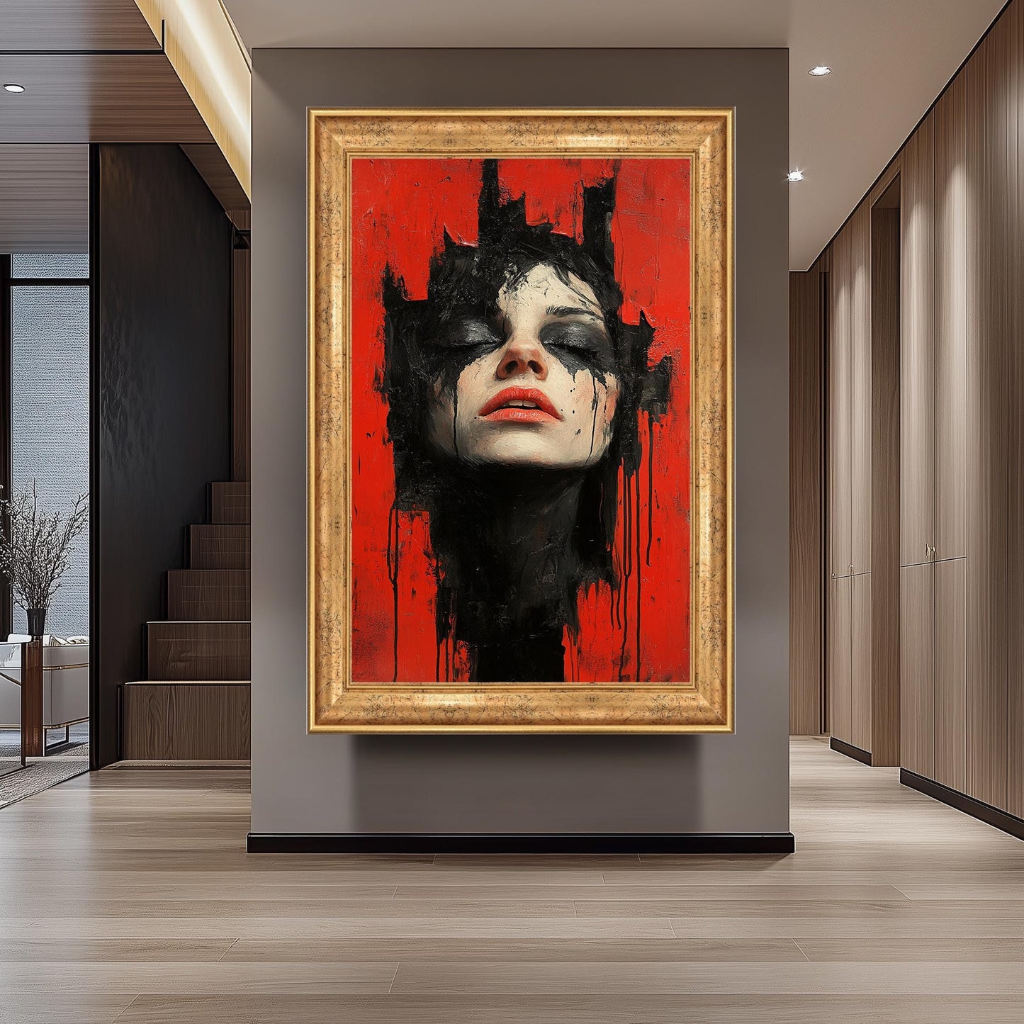 Dark Surreal Portrait Wall Art of Woman with Black Paint Tears on Red Background | Emotional Gothic Expressionist Painting Print, Dark Print