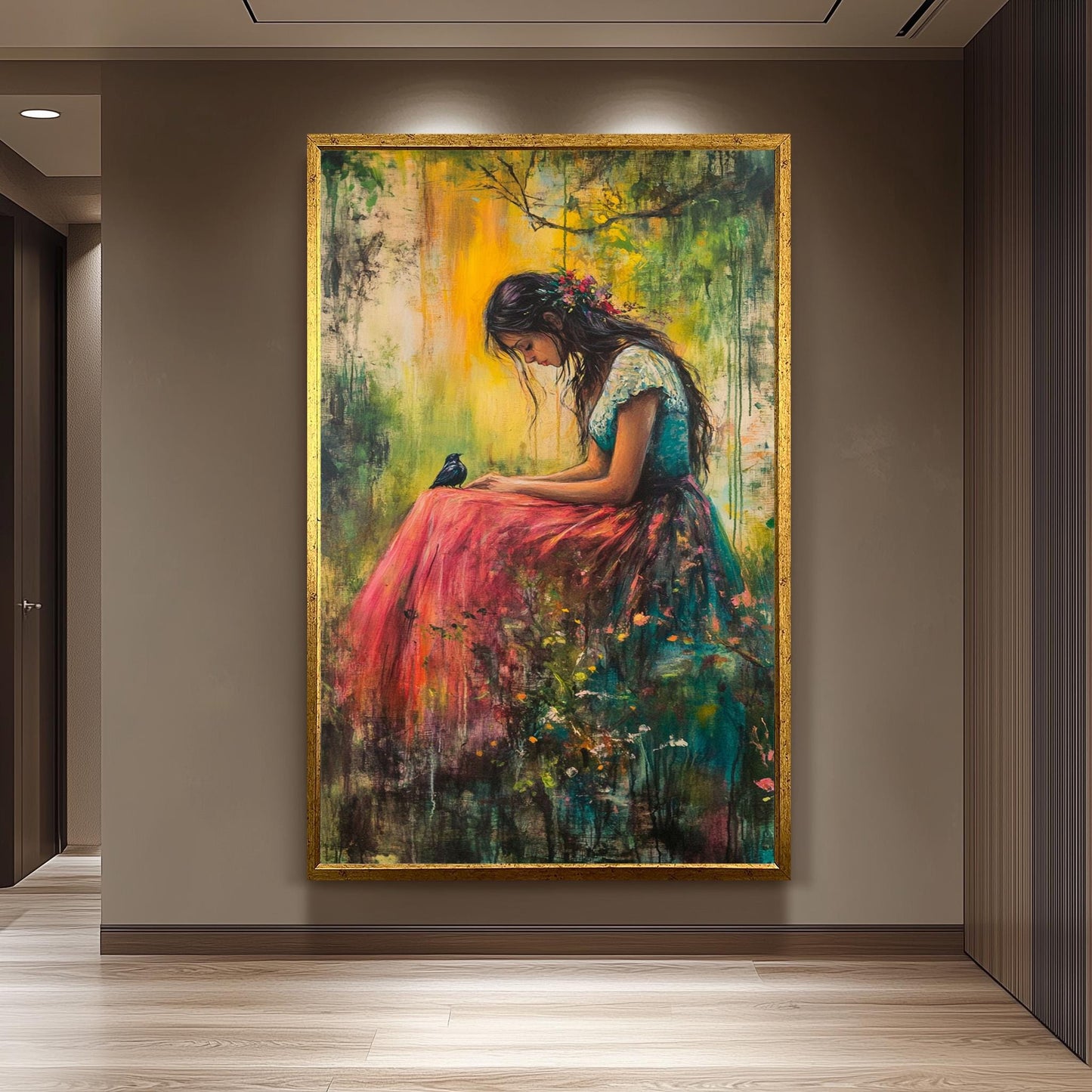 Romantic Nature Wall Art of Woman Sitting with Bird in Vibrant Forest Setting | Dreamy Impressionist Painting with Soft Light and Florals
