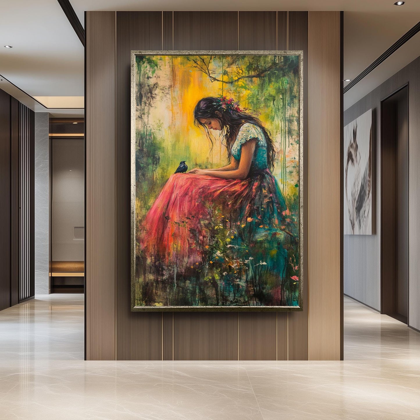 Romantic Nature Wall Art of Woman Sitting with Bird in Vibrant Forest Setting | Dreamy Impressionist Painting with Soft Light and Florals