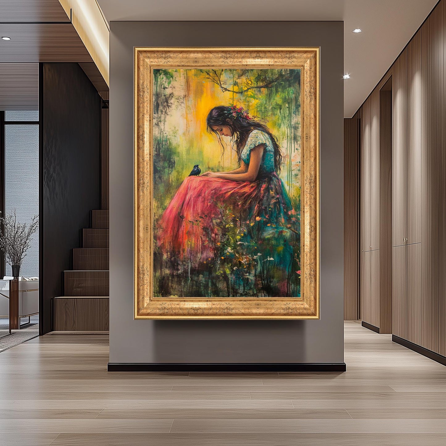 Romantic Nature Wall Art of Woman Sitting with Bird in Vibrant Forest Setting | Dreamy Impressionist Painting with Soft Light and Florals