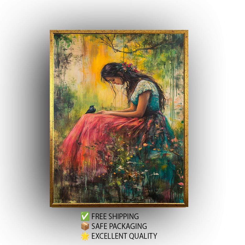 Romantic Nature Wall Art of Woman Sitting with Bird in Vibrant Forest Setting | Dreamy Impressionist Painting with Soft Light and Florals