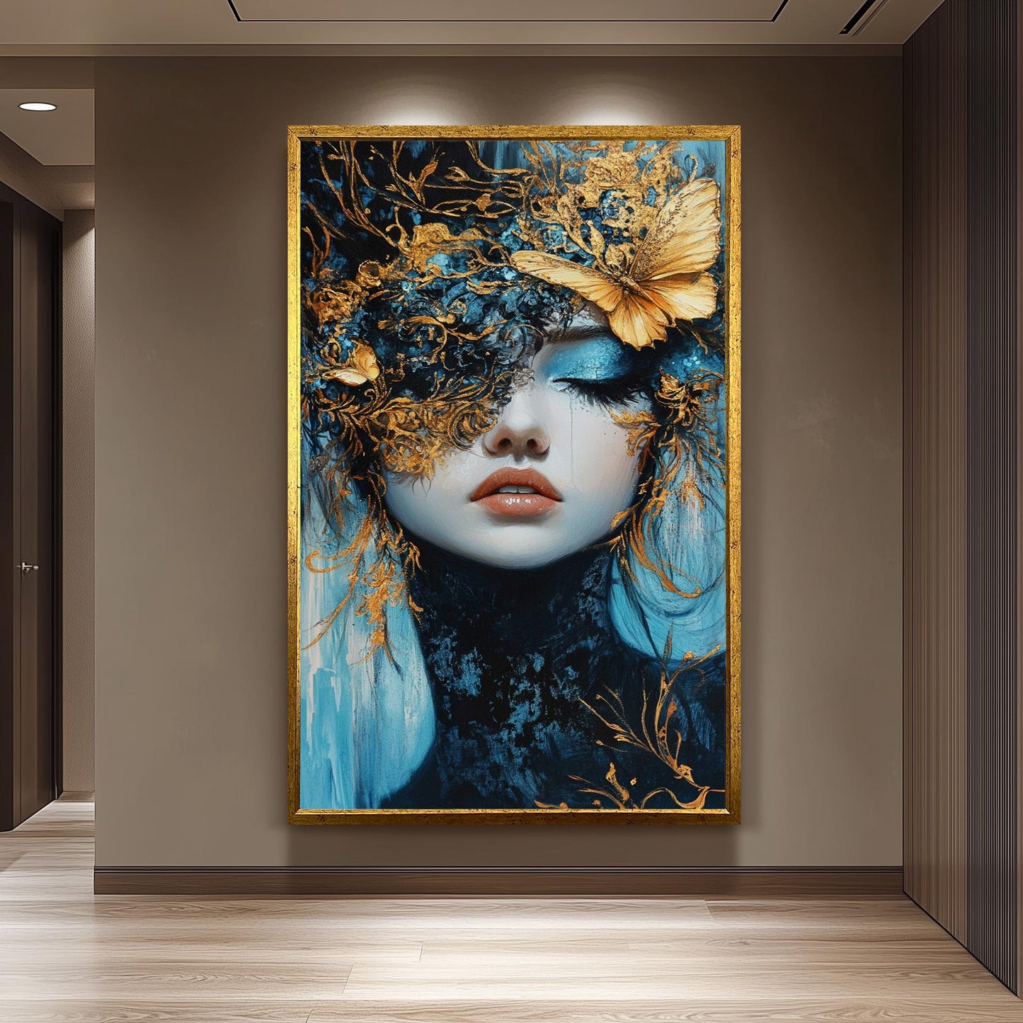Elegant Surreal Wall Art of Woman with Gold Butterfly Mask and Blue Tones | Fantasy Portrait with Luxe Metallic Accents and Dreamlike Beauty