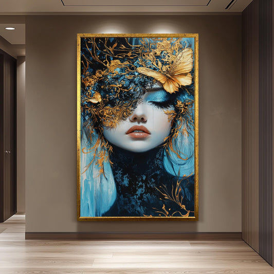 Elegant Surreal Wall Art of Woman with Gold Butterfly Mask and Blue Tones | Fantasy Portrait with Luxe Metallic Accents and Dreamlike Beauty