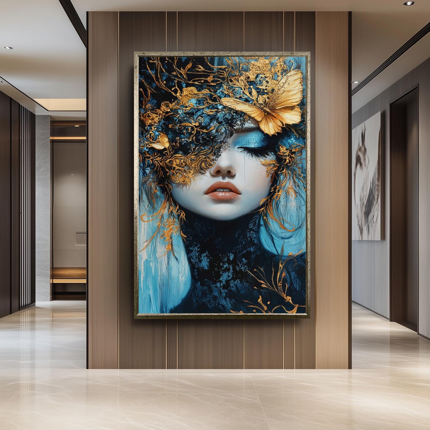 Elegant Surreal Wall Art of Woman with Gold Butterfly Mask and Blue Tones | Fantasy Portrait with Luxe Metallic Accents and Dreamlike Beauty