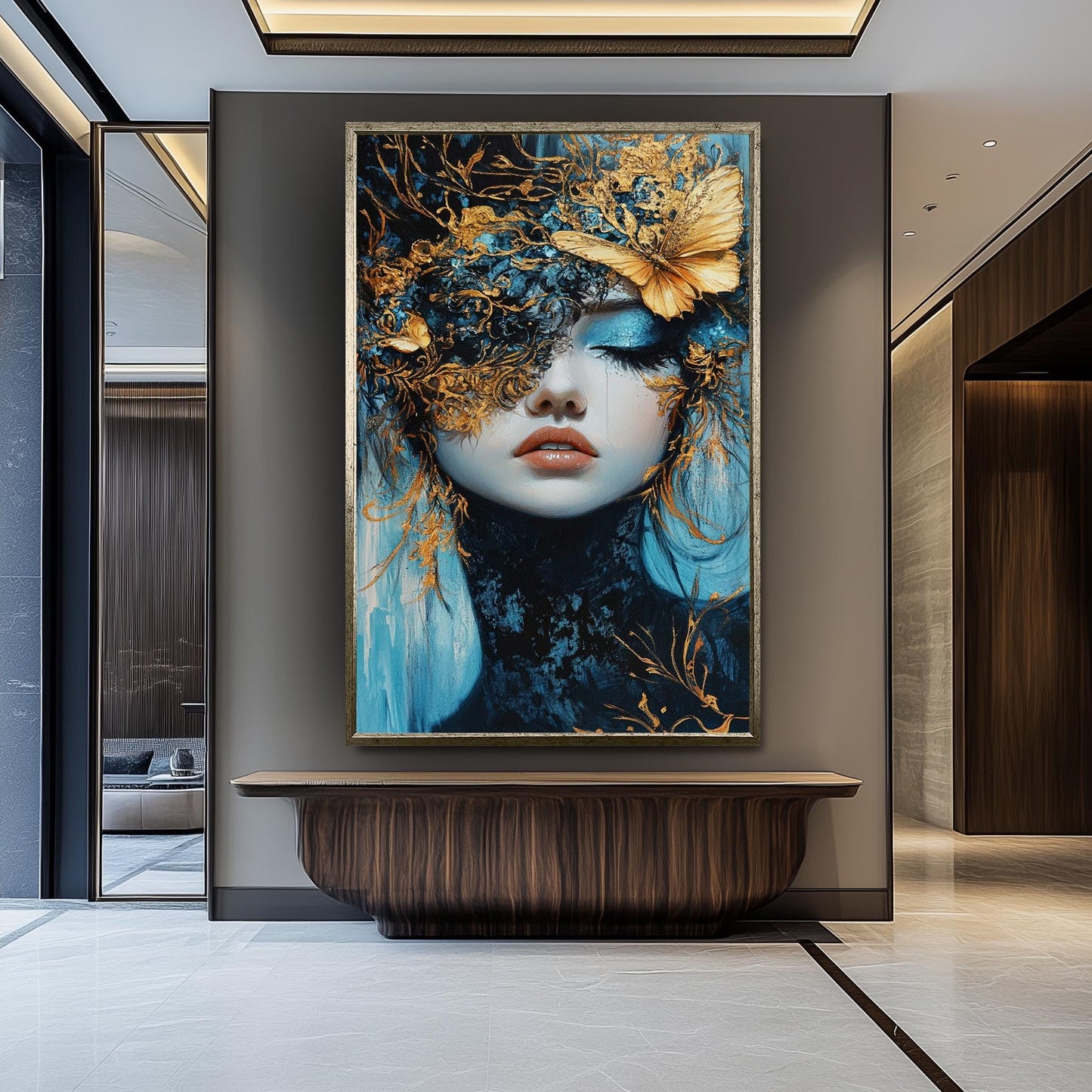 Elegant Surreal Wall Art of Woman with Gold Butterfly Mask and Blue Tones | Fantasy Portrait with Luxe Metallic Accents and Dreamlike Beauty
