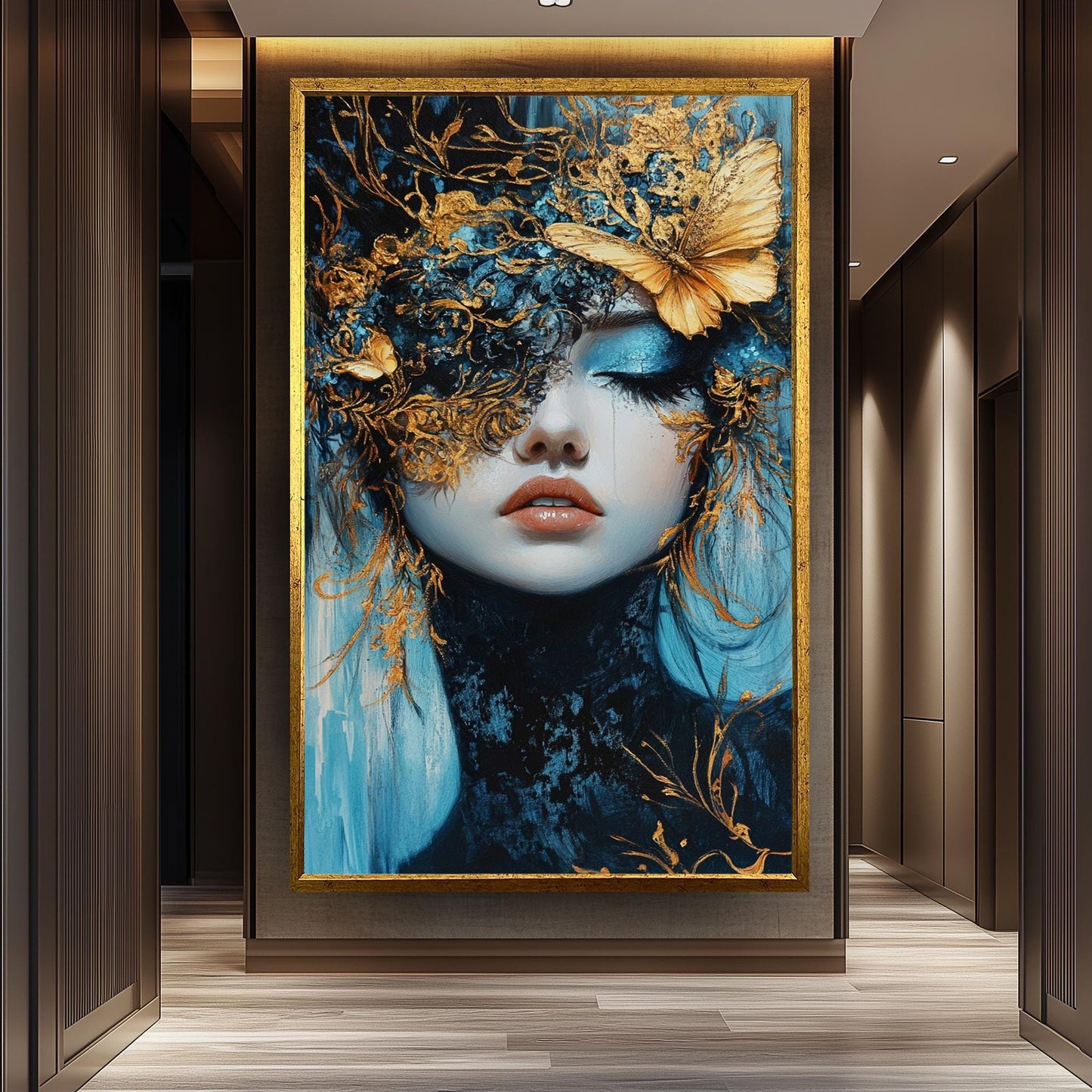 Elegant Surreal Wall Art of Woman with Gold Butterfly Mask and Blue Tones | Fantasy Portrait with Luxe Metallic Accents and Dreamlike Beauty