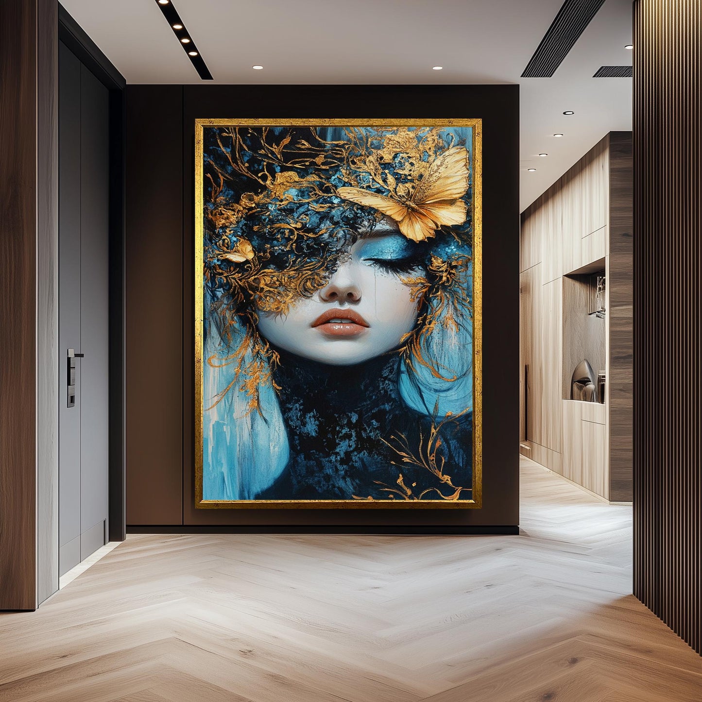 Elegant Surreal Wall Art of Woman with Gold Butterfly Mask and Blue Tones | Fantasy Portrait with Luxe Metallic Accents and Dreamlike Beauty