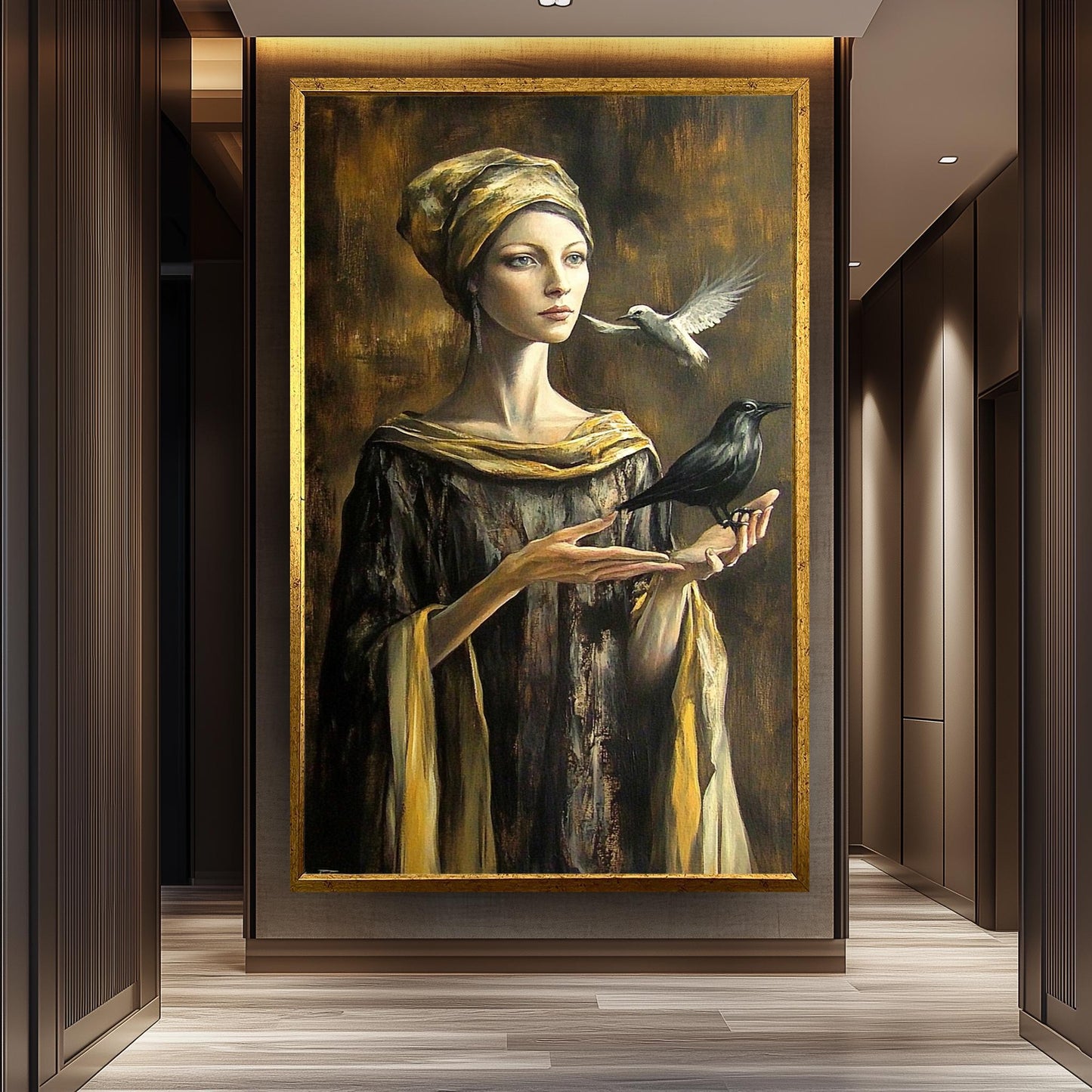 Mystical Woman Wall Art in Golden Robe with Crow and Dove | Surreal Fantasy Portrait with Symbolic Birds and Renaissance Elegance, Woman Art