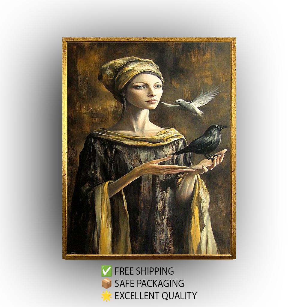 Mystical Woman Wall Art in Golden Robe with Crow and Dove | Surreal Fantasy Portrait with Symbolic Birds and Renaissance Elegance, Woman Art