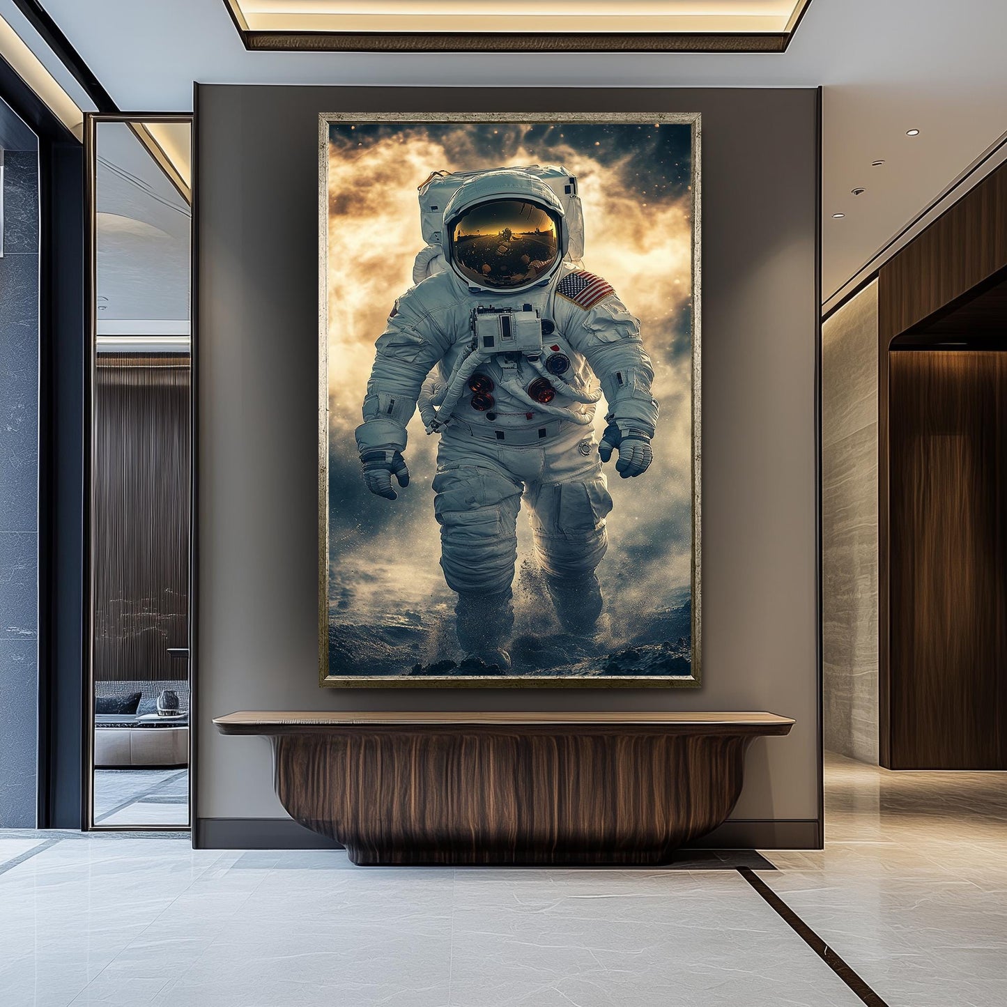 Epic Astronaut Moon Walk Wall Art in Realistic Sci-Fi Style with Space Dust and Helmet Reflection for Space Exploration Lovers Astronaut Art