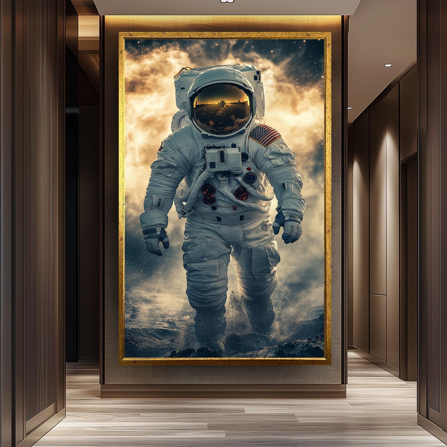 Epic Astronaut Moon Walk Wall Art in Realistic Sci-Fi Style with Space Dust and Helmet Reflection for Space Exploration Lovers Astronaut Art