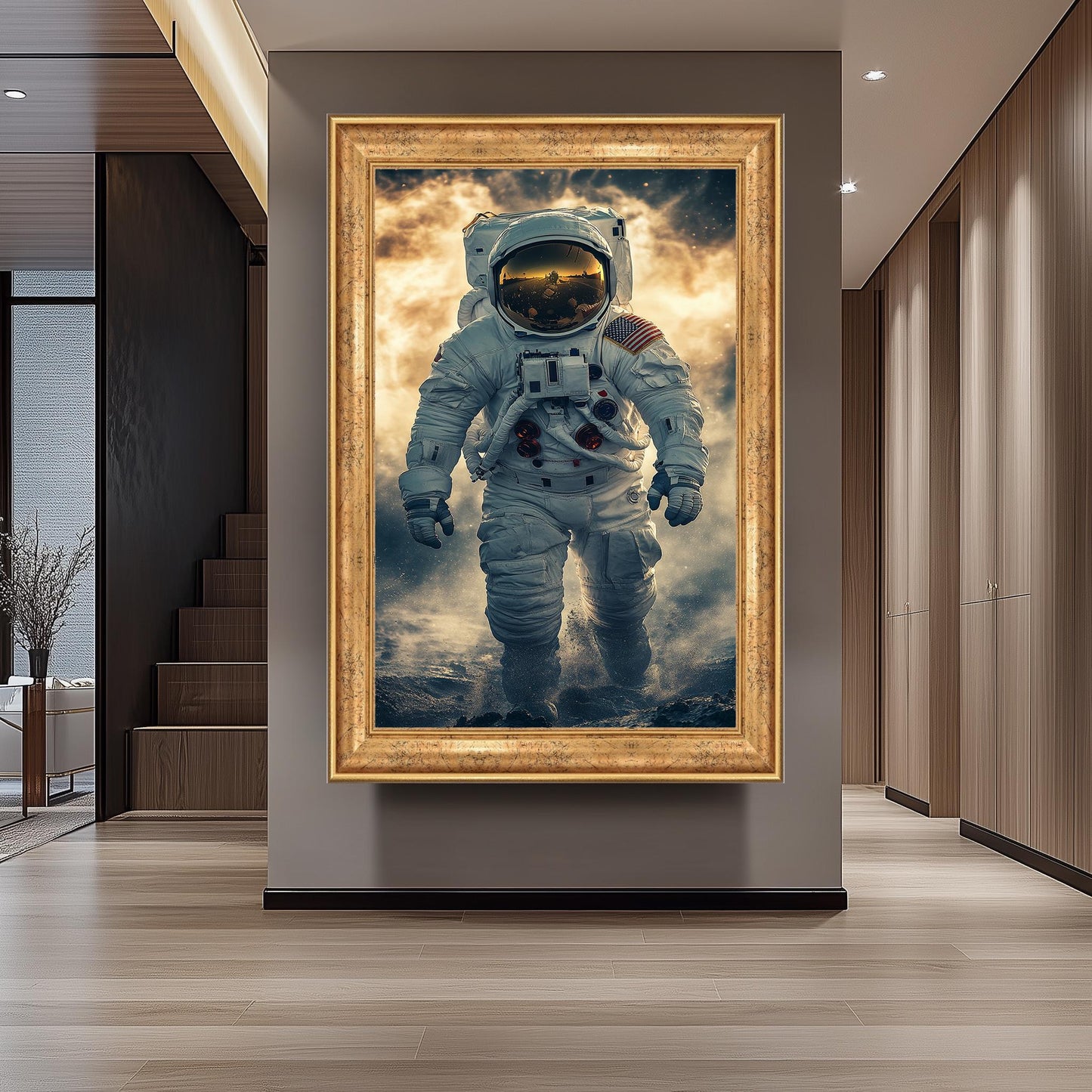 Epic Astronaut Moon Walk Wall Art in Realistic Sci-Fi Style with Space Dust and Helmet Reflection for Space Exploration Lovers Astronaut Art