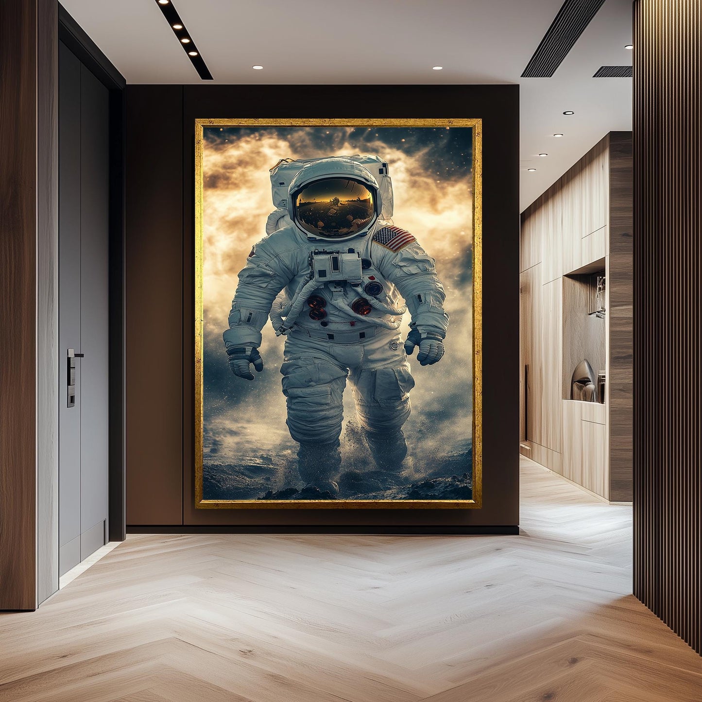Epic Astronaut Moon Walk Wall Art in Realistic Sci-Fi Style with Space Dust and Helmet Reflection for Space Exploration Lovers Astronaut Art