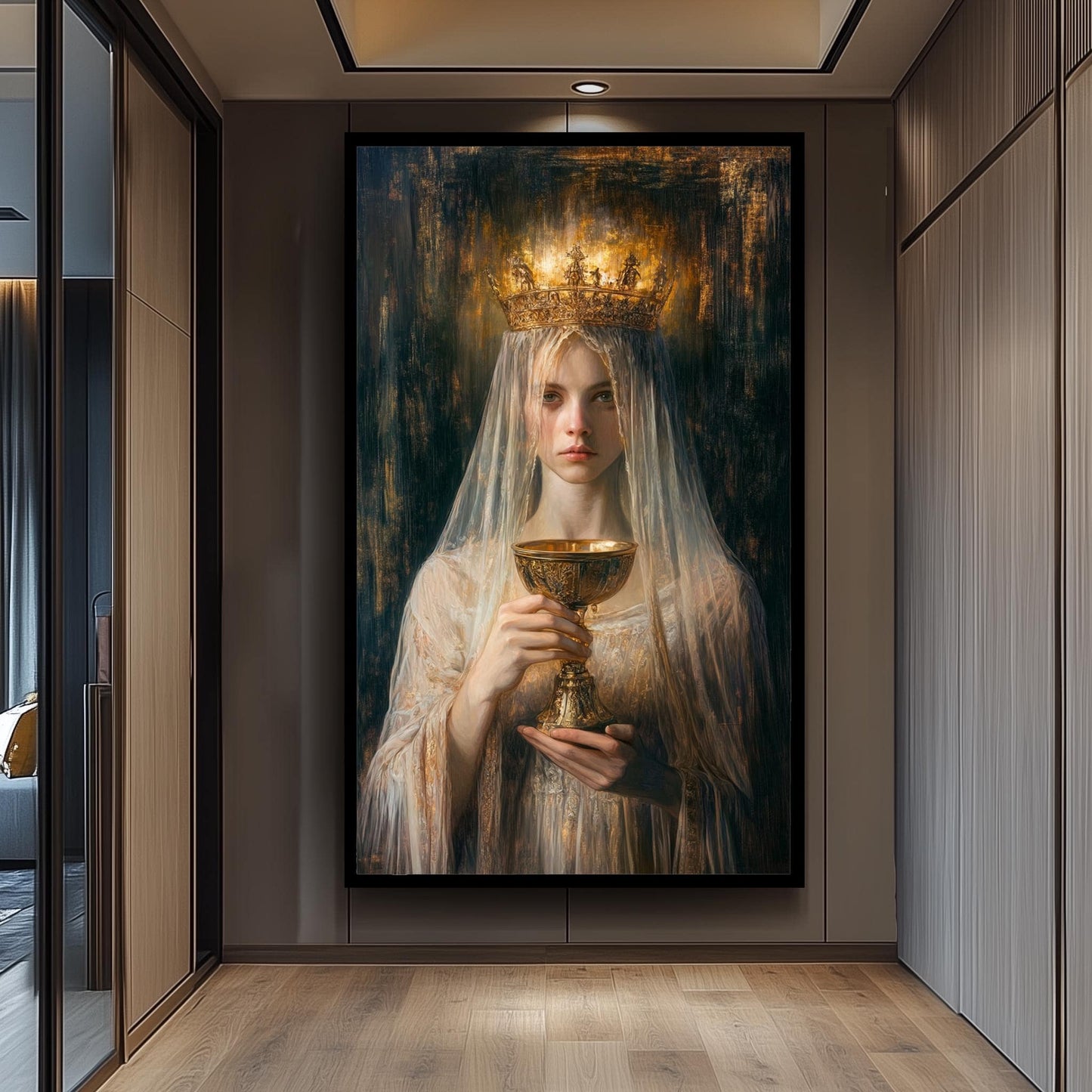 Ethereal Queen Portrait Wall Art, Mystical Woman Painting, Fantasy Royalty Print, Renaissance Gothic Canvas, Dark Medieval Artwork