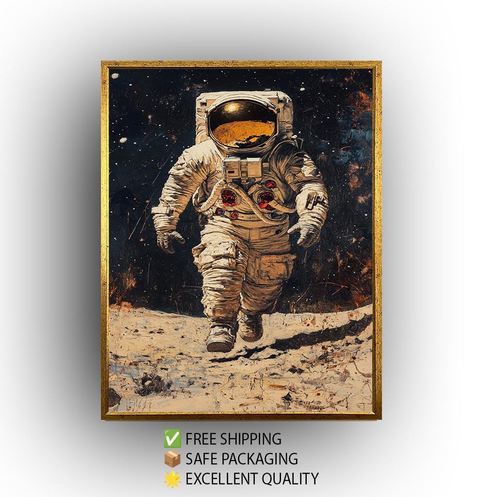 Astronaut Space Art Print, Moon Landing Oil Painting, Sci-Fi Wall Decor, Space Exploration Poster, Cosmic Artwork, Futuristic NASA Astronaut