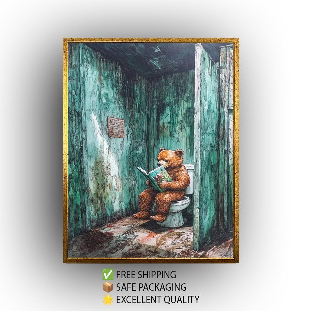 Funny Bear Bathroom Art, Quirky Animal Reading Print, Rustic Cabin Wall Decor, Whimsical Toilet Artwork, Animal Wall Decor, Animal Poster