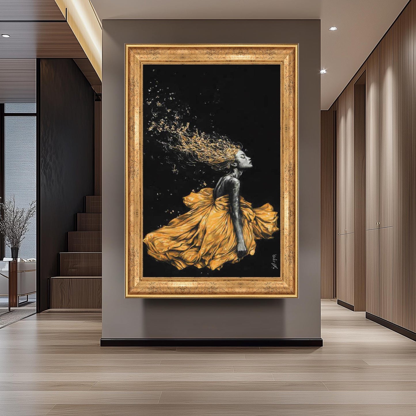 Golden Woen Wall Art - Black and Gold Feminine Painting - Luxury Woman Canvas Print - Modern Abstract Fashion Artwork, Woman Home Decor
