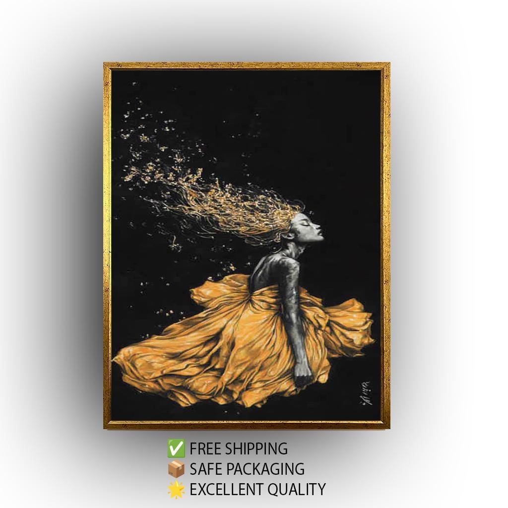 Golden Woen Wall Art - Black and Gold Feminine Painting - Luxury Woman Canvas Print - Modern Abstract Fashion Artwork, Woman Home Decor