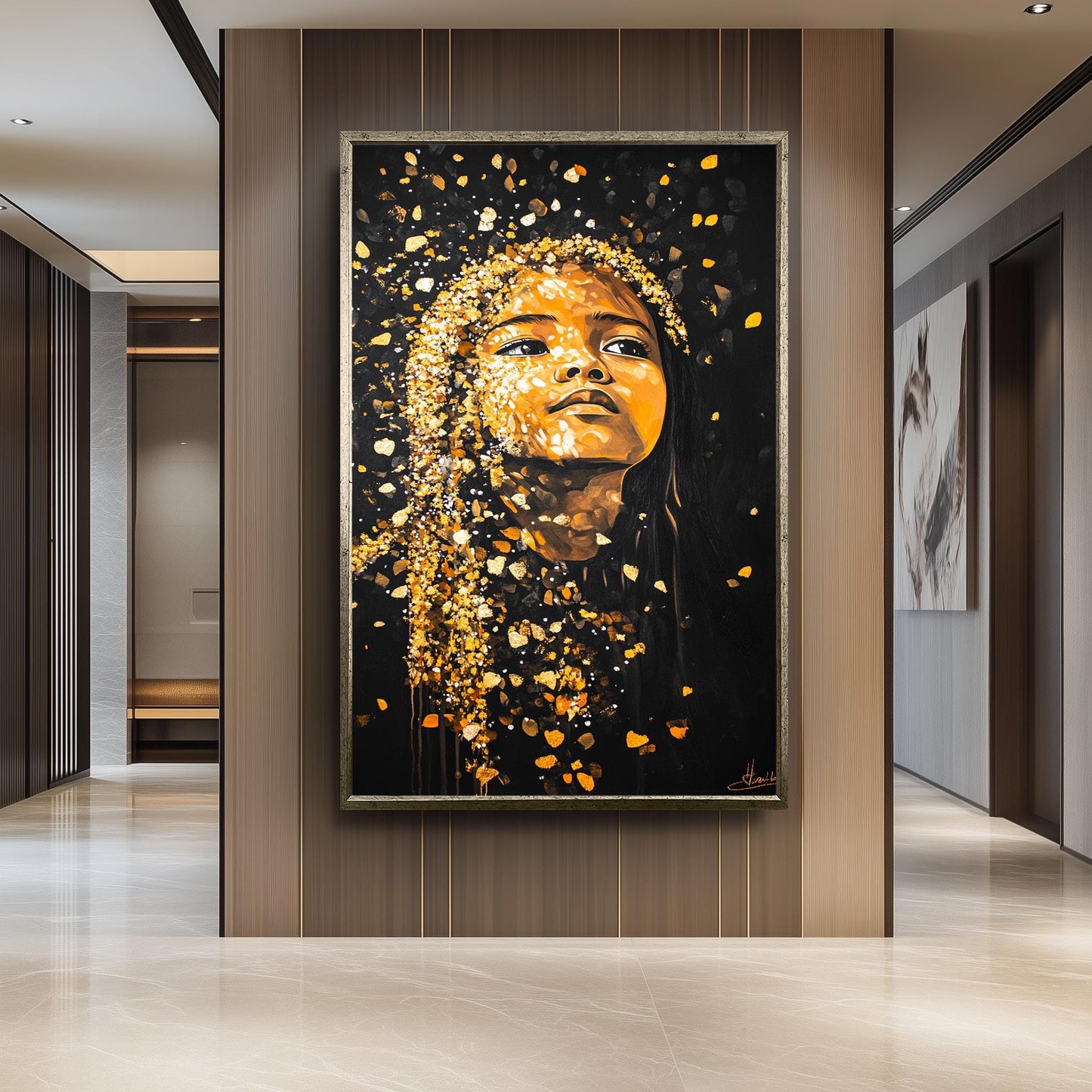 Golden Girl Wall Art - Black and Gold Portrait Painting - Abstract Feminine Canvas Print  Women Modern Home Decor - Women Wall Decor