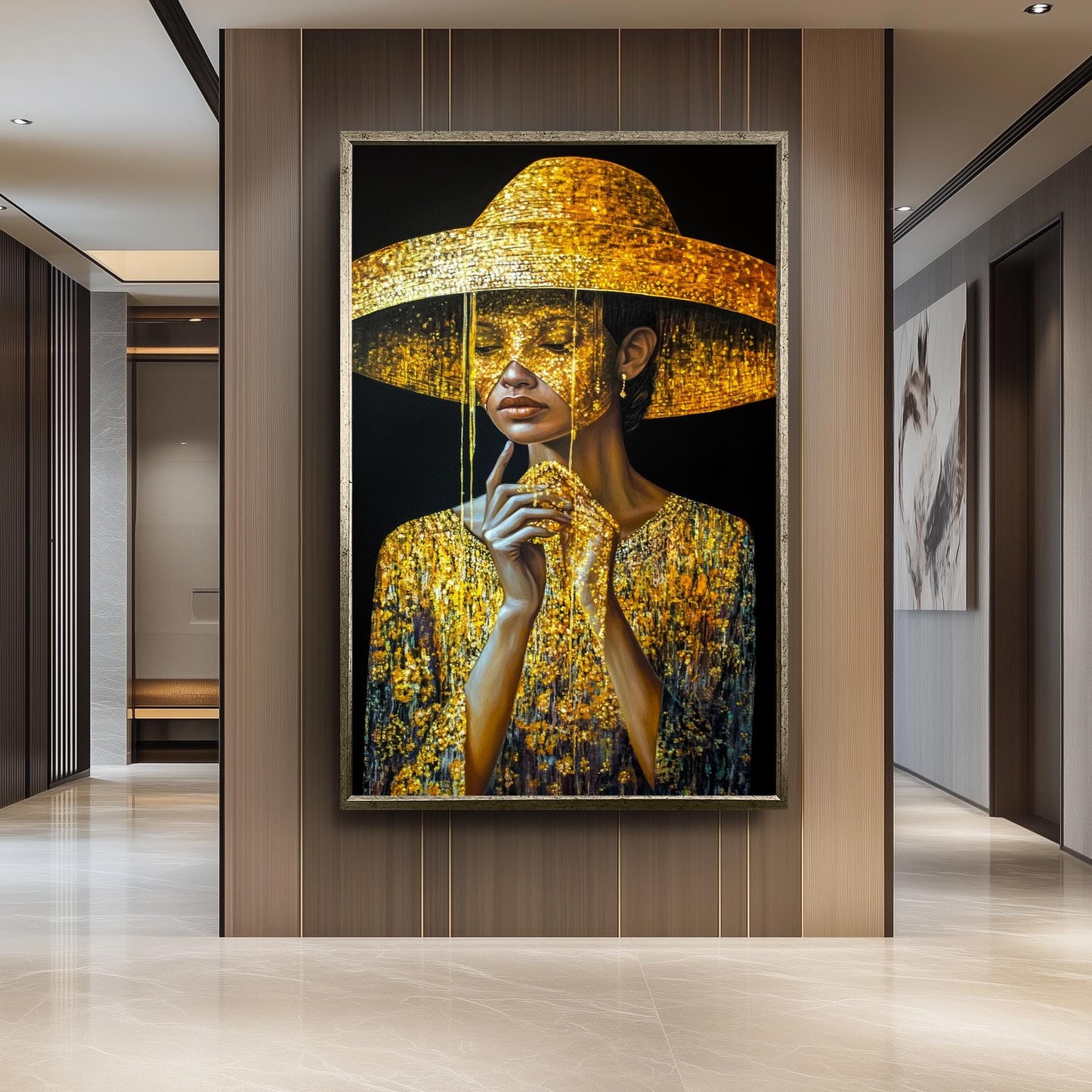 Golden Woman Wall Art, Luxury Black and Gold Painting, Female Portrait, Modern Glamour Canvas, Fashionable Wall Decor Gold Women art