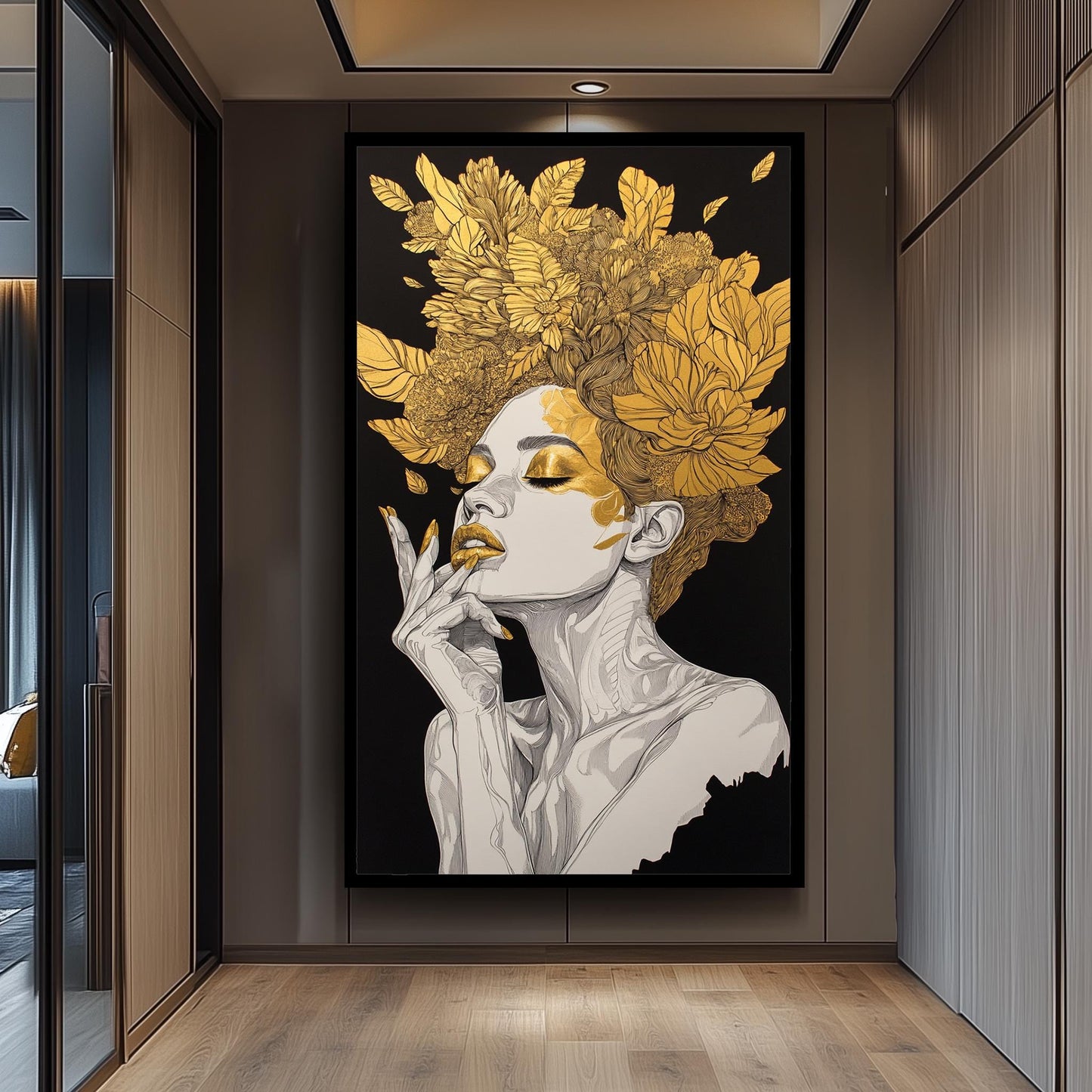 Golden Floral Woman Wall Art, Black and Gold Feminine Portrait, Luxury Canvas Print, Modern Glam Home Decor, Gold Woman Decor, Woman  art