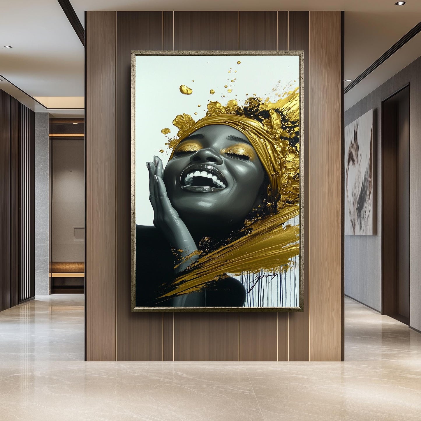 Golden Joyful Woman Wall Art, Black and Gold Abstract Portrait, Modern Luxury Canvas Print, Elegant Feminine Artwork, Home Decor Wall Art