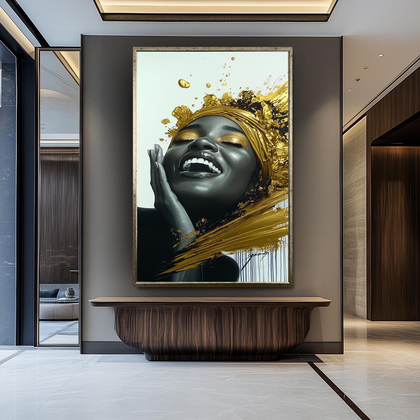 Golden Joyful Woman Wall Art, Black and Gold Abstract Portrait, Modern Luxury Canvas Print, Elegant Feminine Artwork, Home Decor Wall Art