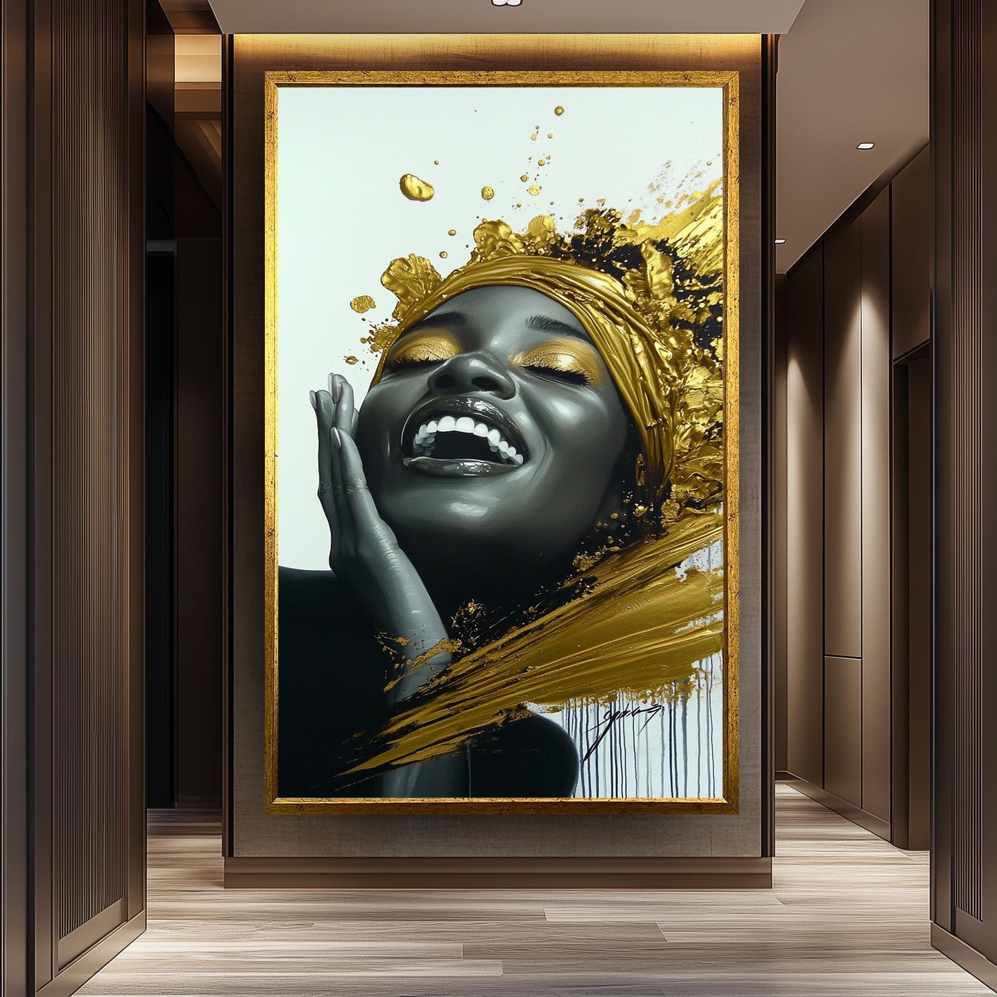Golden Joyful Woman Wall Art, Black and Gold Abstract Portrait, Modern Luxury Canvas Print, Elegant Feminine Artwork, Home Decor Wall Art