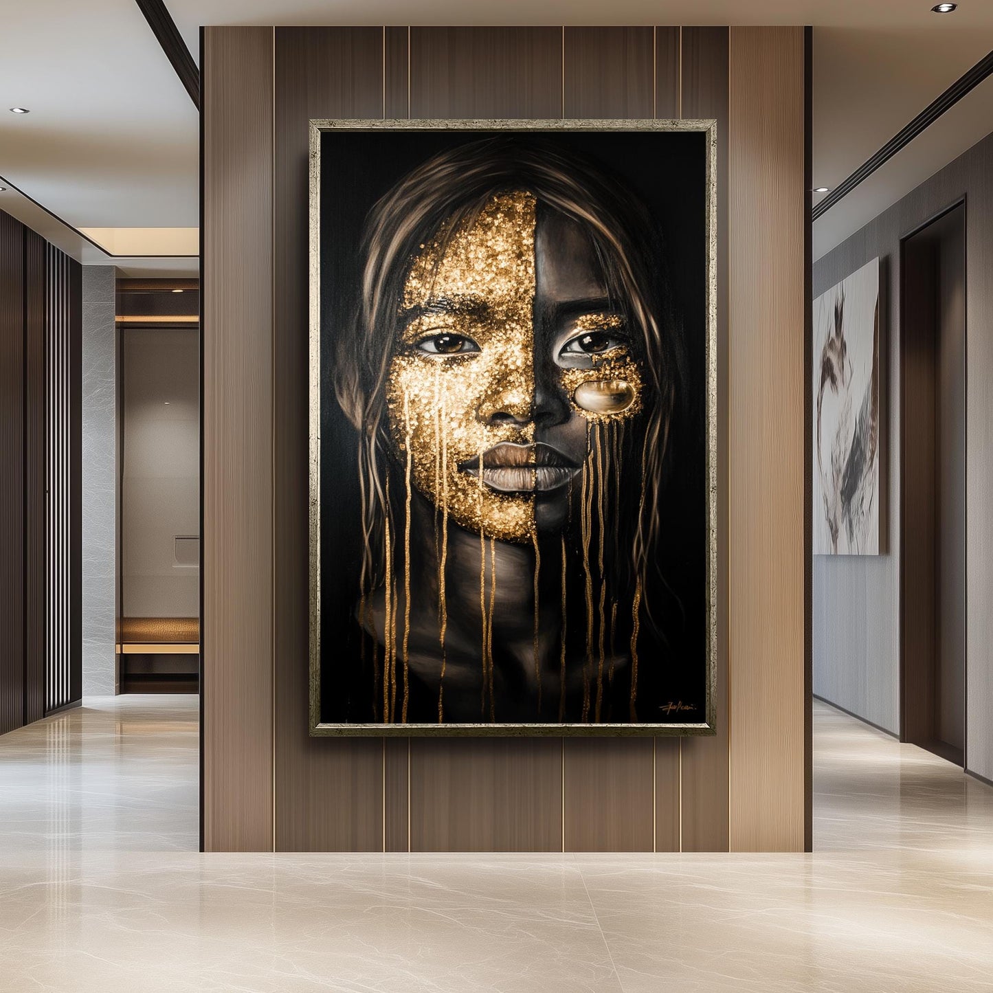 Golden Face Wall Art, Black and Gold Abstract Portrait, Modern Feminine Canvas Print, Luxury Statement Artwork, Contemporary Home Decor