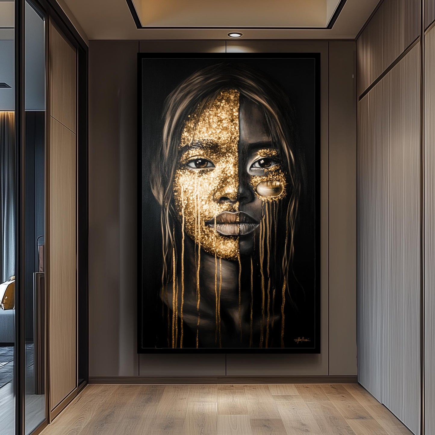 Golden Face Wall Art, Black and Gold Abstract Portrait, Modern Feminine Canvas Print, Luxury Statement Artwork, Contemporary Home Decor