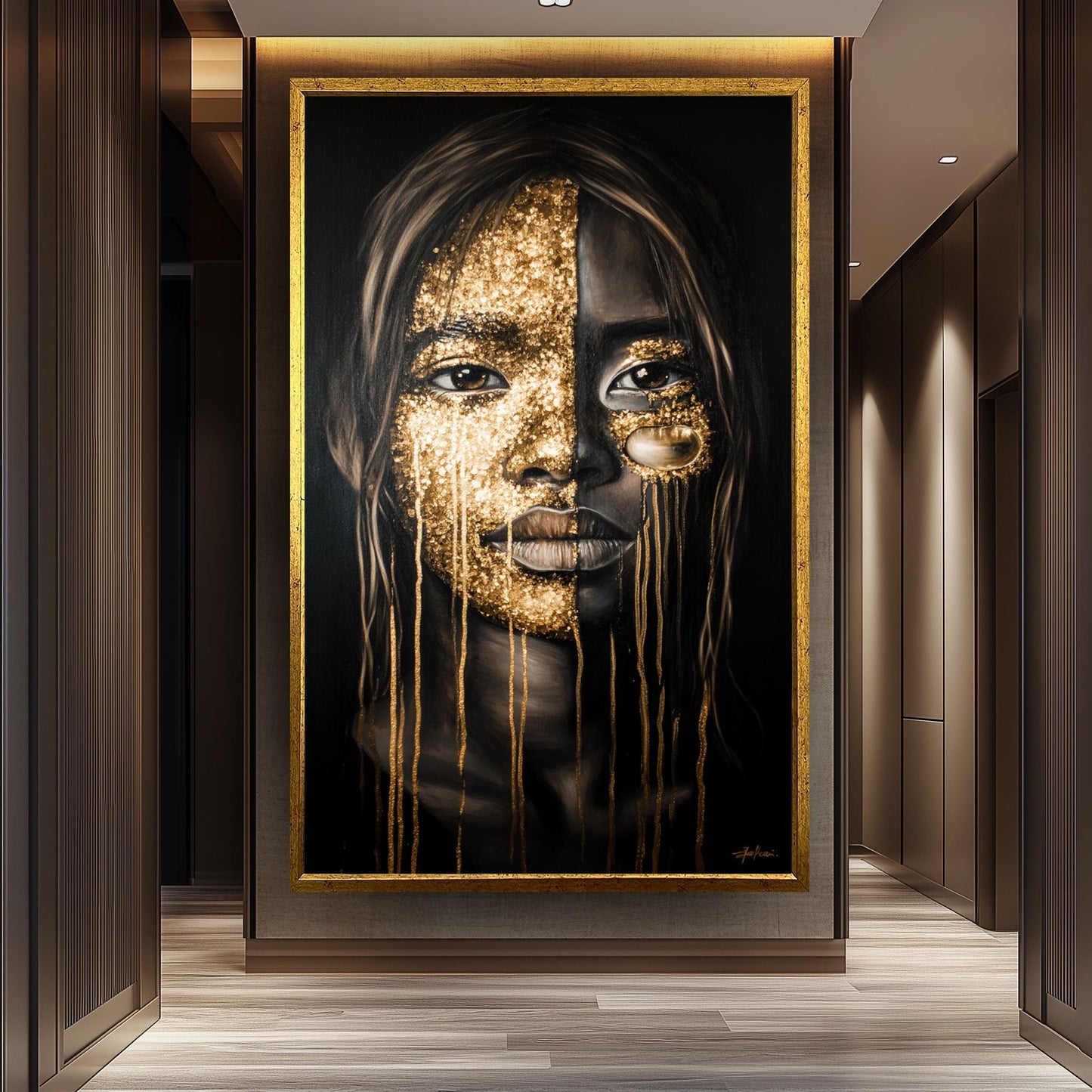 Golden Face Wall Art, Black and Gold Abstract Portrait, Modern Feminine Canvas Print, Luxury Statement Artwork, Contemporary Home Decor