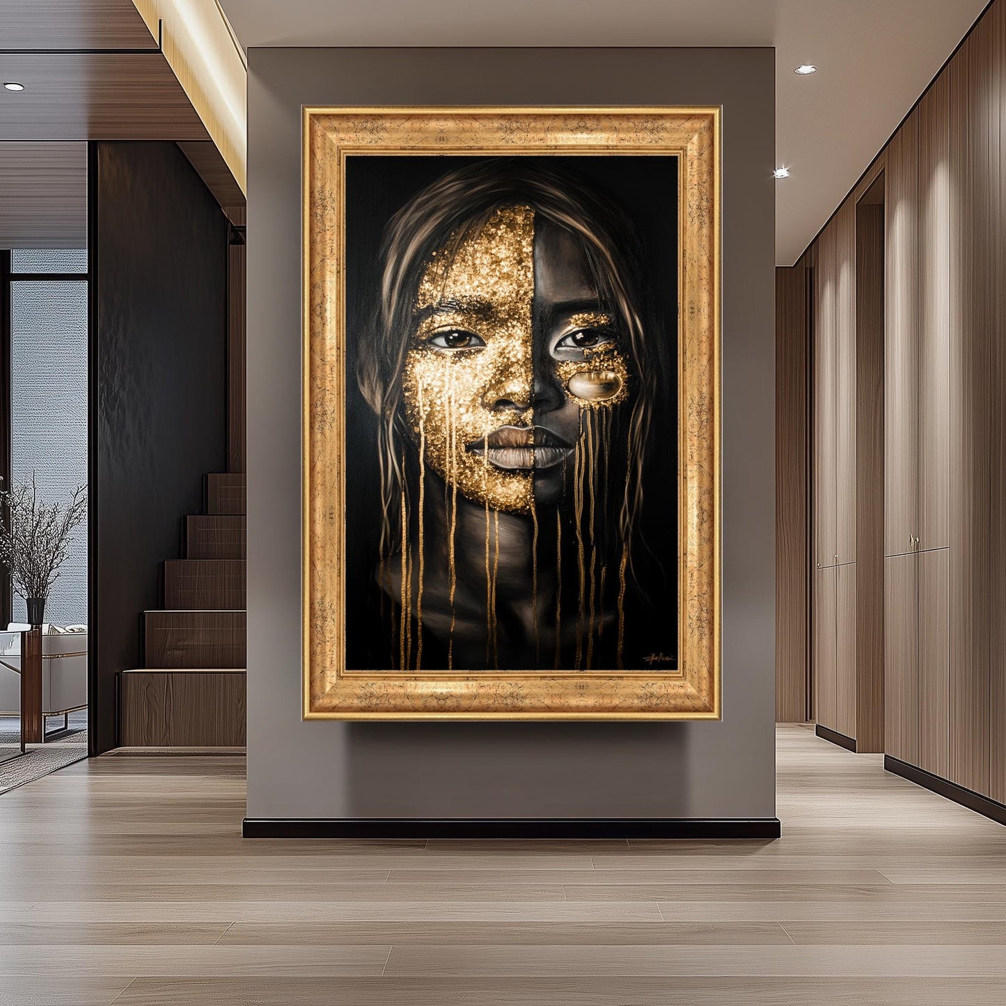 Golden Face Wall Art, Black and Gold Abstract Portrait, Modern Feminine Canvas Print, Luxury Statement Artwork, Contemporary Home Decor