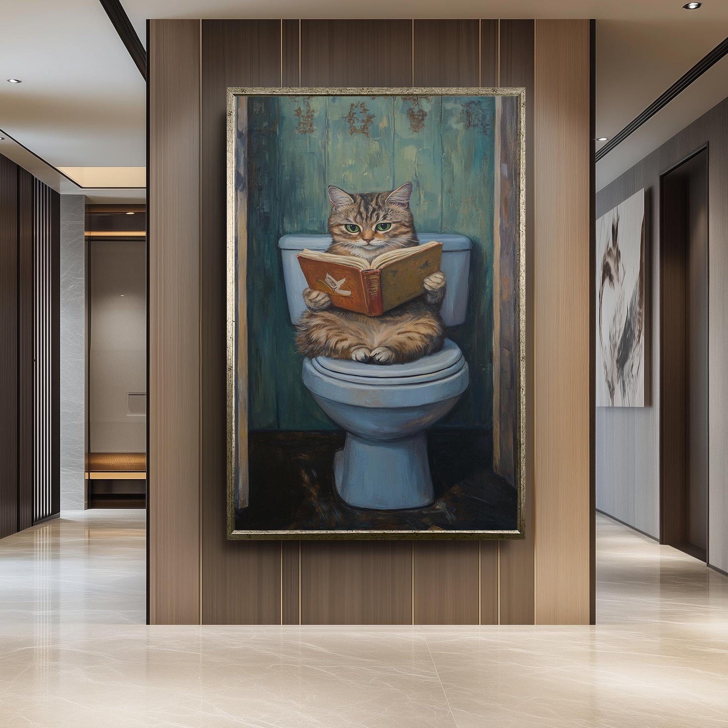 Funny Cat Bathroom Wall Art, Gray Tabby Reading Painting, Quirky Toilet Humor Canvas Print, Whimsical Feline Decor, Unique Restroom Artwork