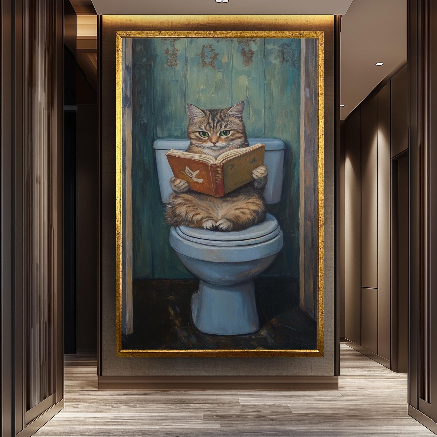 Funny Cat Bathroom Wall Art, Gray Tabby Reading Painting, Quirky Toilet Humor Canvas Print, Whimsical Feline Decor, Unique Restroom Artwork