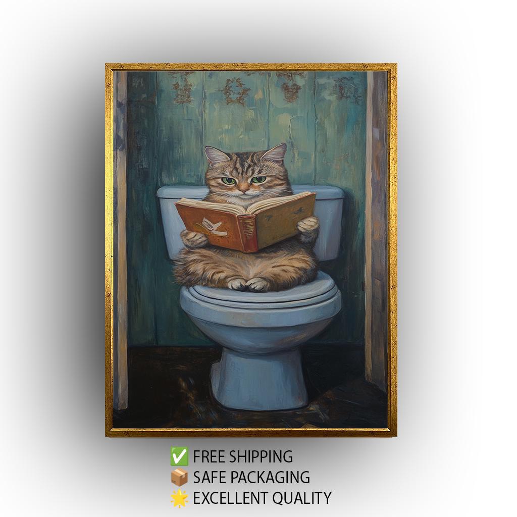 Funny Cat Bathroom Wall Art, Gray Tabby Reading Painting, Quirky Toilet Humor Canvas Print, Whimsical Feline Decor, Unique Restroom Artwork