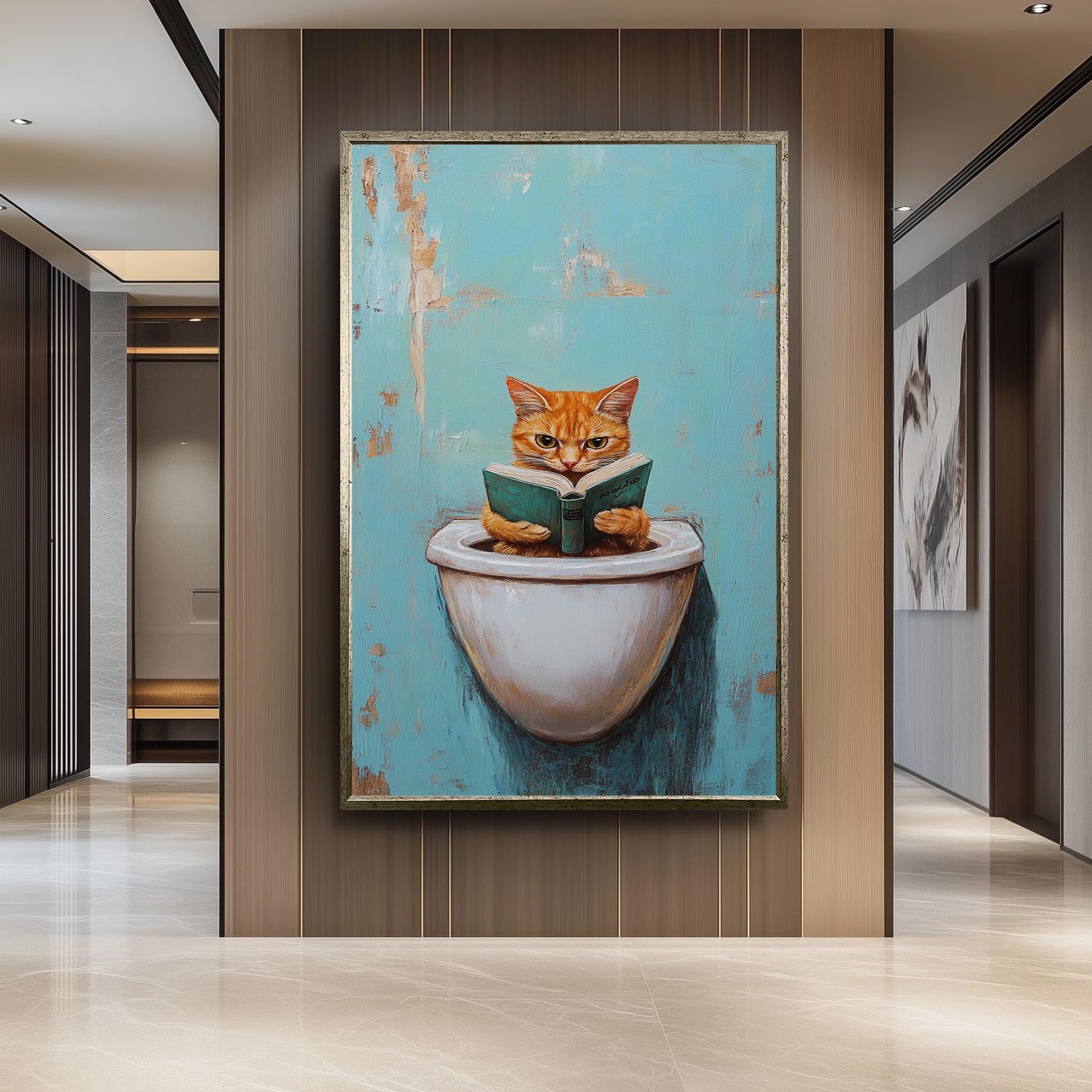 Funny Cat Bathroom Wall Art, Quirky Reading Cat Painting, Whimsical Toilet Humor Canvas Print, Playful Feline Decor, Unique Restroom Artwork