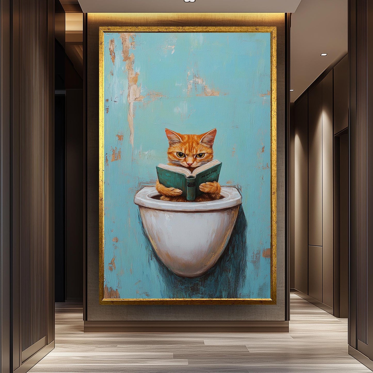 Funny Cat Bathroom Wall Art, Quirky Reading Cat Painting, Whimsical Toilet Humor Canvas Print, Playful Feline Decor, Unique Restroom Artwork