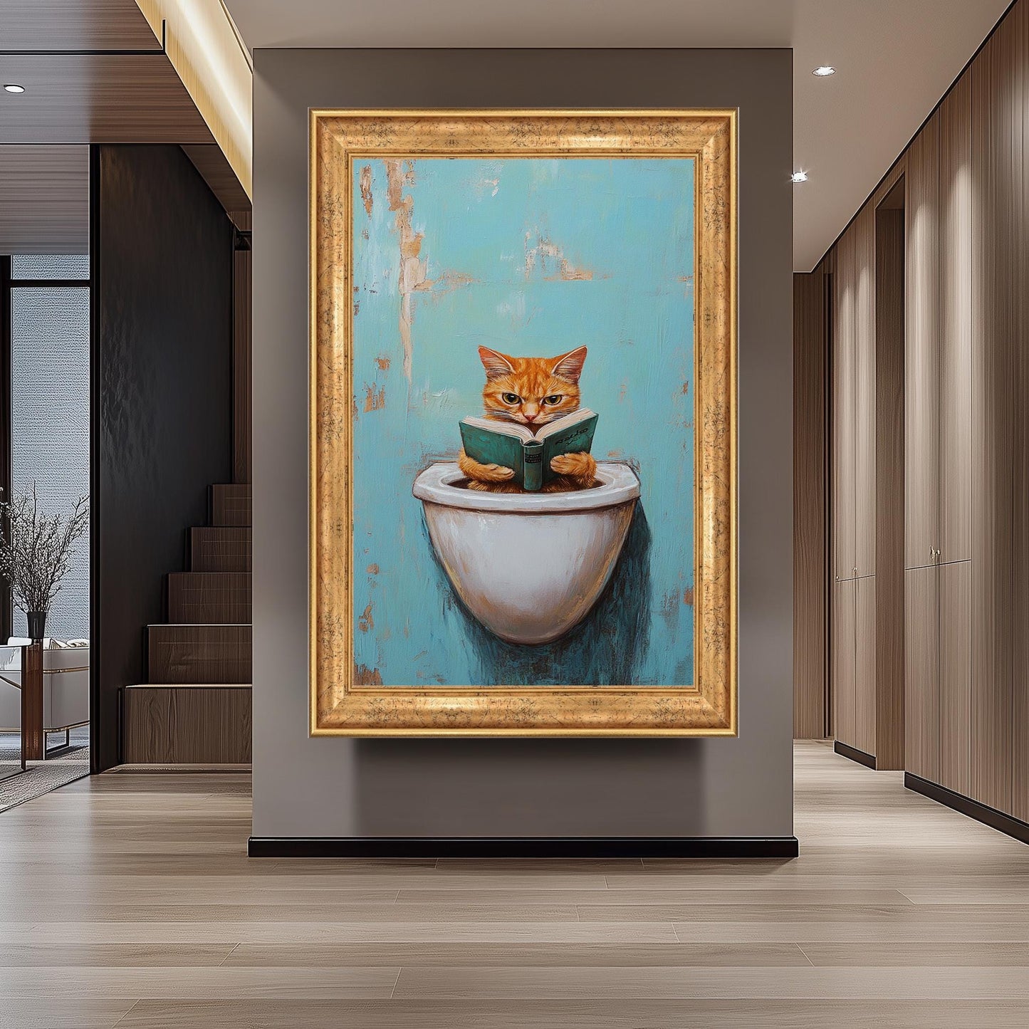Funny Cat Bathroom Wall Art, Quirky Reading Cat Painting, Whimsical Toilet Humor Canvas Print, Playful Feline Decor, Unique Restroom Artwork