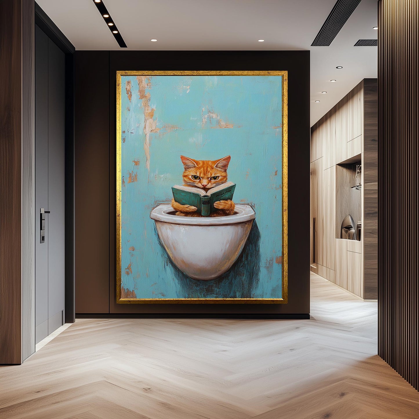 Funny Cat Bathroom Wall Art, Quirky Reading Cat Painting, Whimsical Toilet Humor Canvas Print, Playful Feline Decor, Unique Restroom Artwork