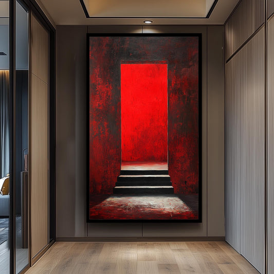 Modern Abstract Red Doorway Wall Art on Canvas, Dark Staircase and Red Light Painting, Gothic Minimalist Home Decor Wall Hanging, Gothic Art