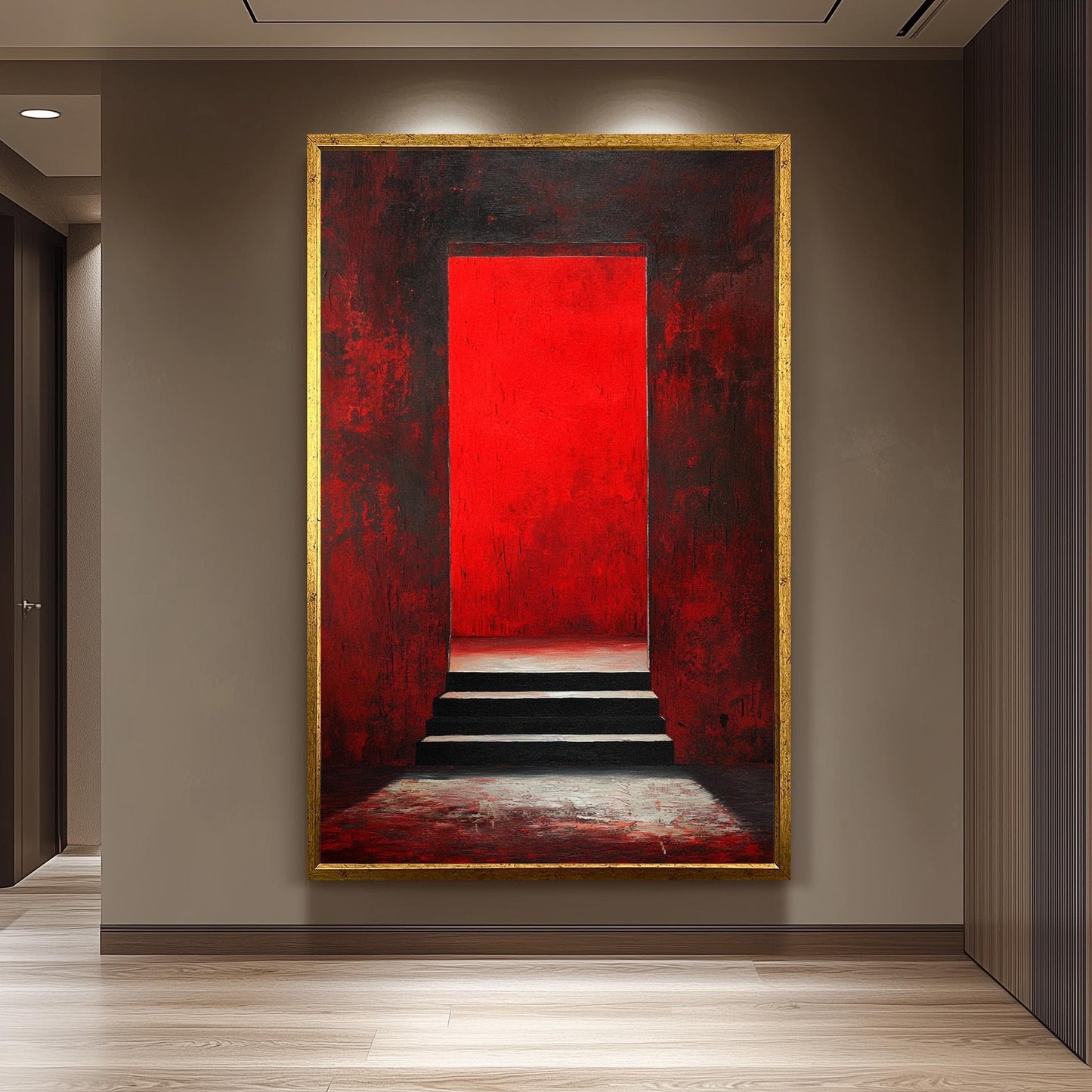 Modern Abstract Red Doorway Wall Art on Canvas, Dark Staircase and Red Light Painting, Gothic Minimalist Home Decor Wall Hanging, Gothic Art