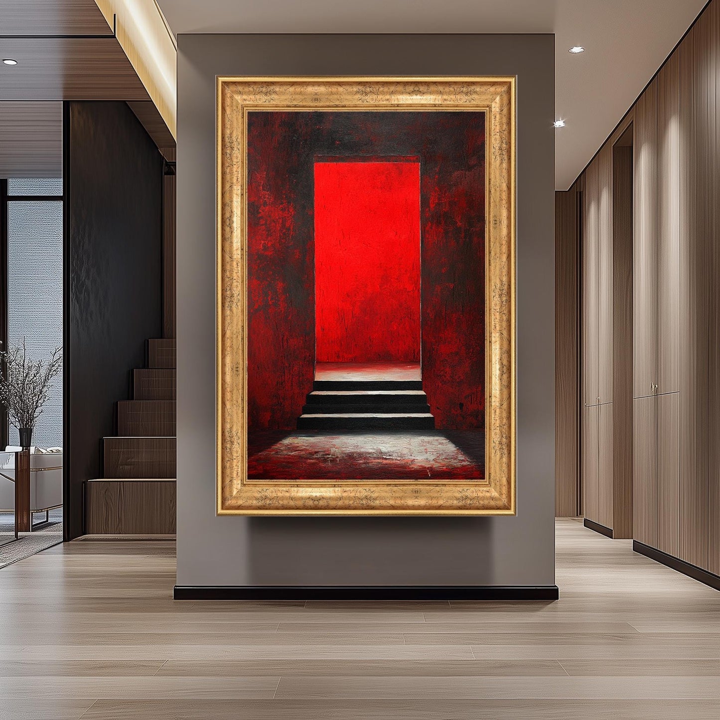 Modern Abstract Red Doorway Wall Art on Canvas, Dark Staircase and Red Light Painting, Gothic Minimalist Home Decor Wall Hanging, Gothic Art