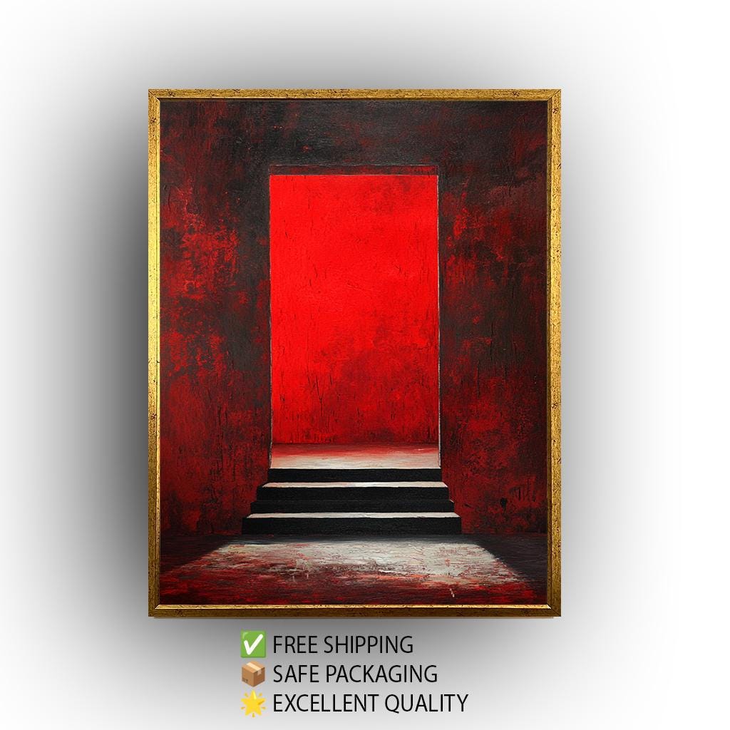 Modern Abstract Red Doorway Wall Art on Canvas, Dark Staircase and Red Light Painting, Gothic Minimalist Home Decor Wall Hanging, Gothic Art