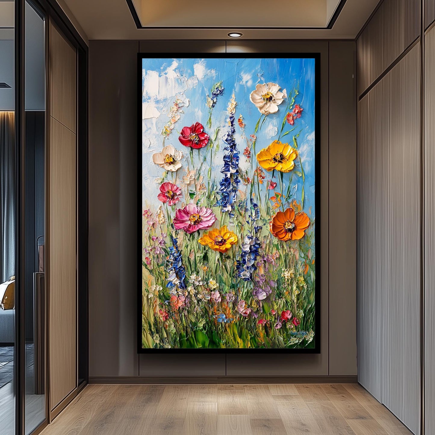Textured Wildflower Meadow Oil Painting: Vibrant Floral Canvas Wall Art