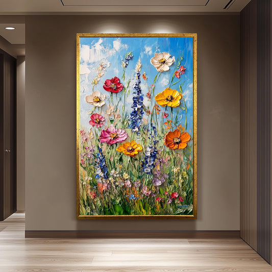 Textured Wildflower Meadow Oil Painting: Vibrant Floral Canvas Wall Art