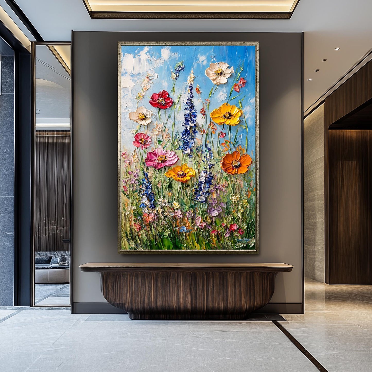 Textured Wildflower Meadow Oil Painting: Vibrant Floral Canvas Wall Art