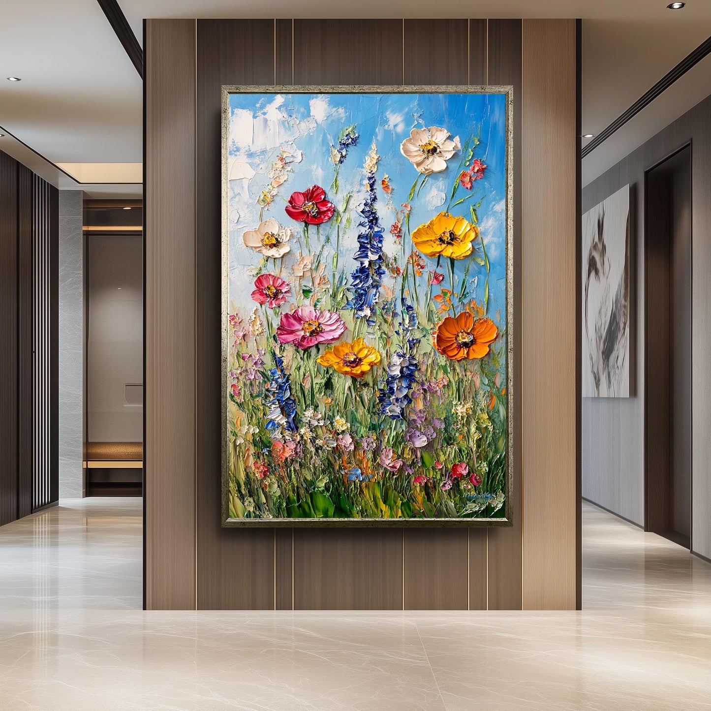 Textured Wildflower Meadow Oil Painting: Vibrant Floral Canvas Wall Art
