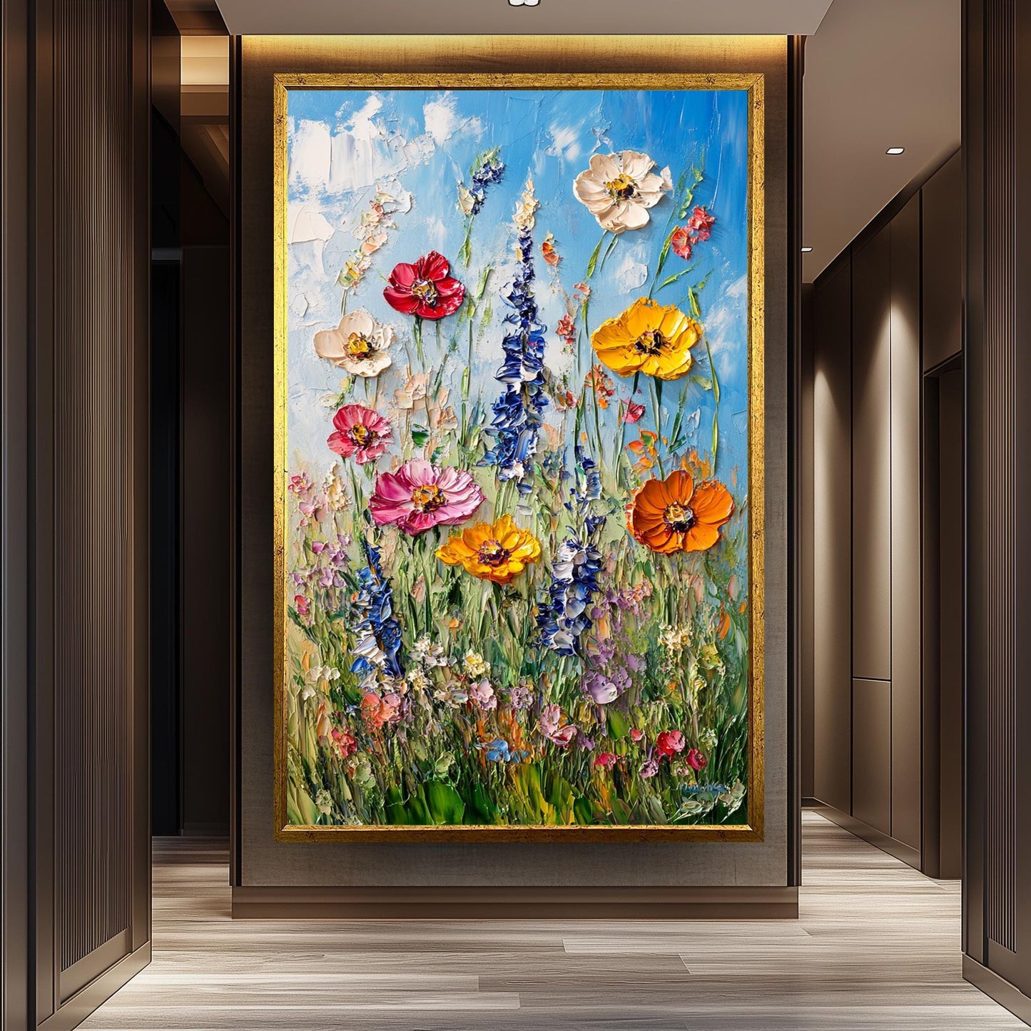 Textured Wildflower Meadow Oil Painting: Vibrant Floral Canvas Wall Art