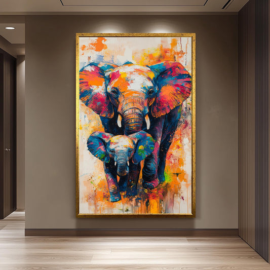 Colorful Elephant Family Pop Art Painting on Canvas, Vibrant Abstract Wildlife Wall Art for Modern Living Room or Nursery Decor Elephant Art