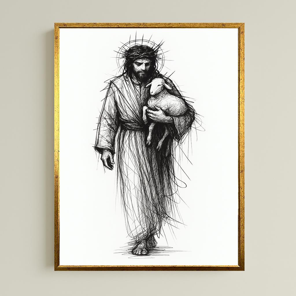 Jesus and Lamb Line Art Print: Minimalist Christian Wall Decor
